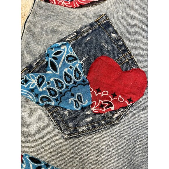 Upcycled Patchwork Denim Shorts Jorts OOAK Levis 502 Youth Sz 14 28W Boho Hippie - Picture 4 of 9